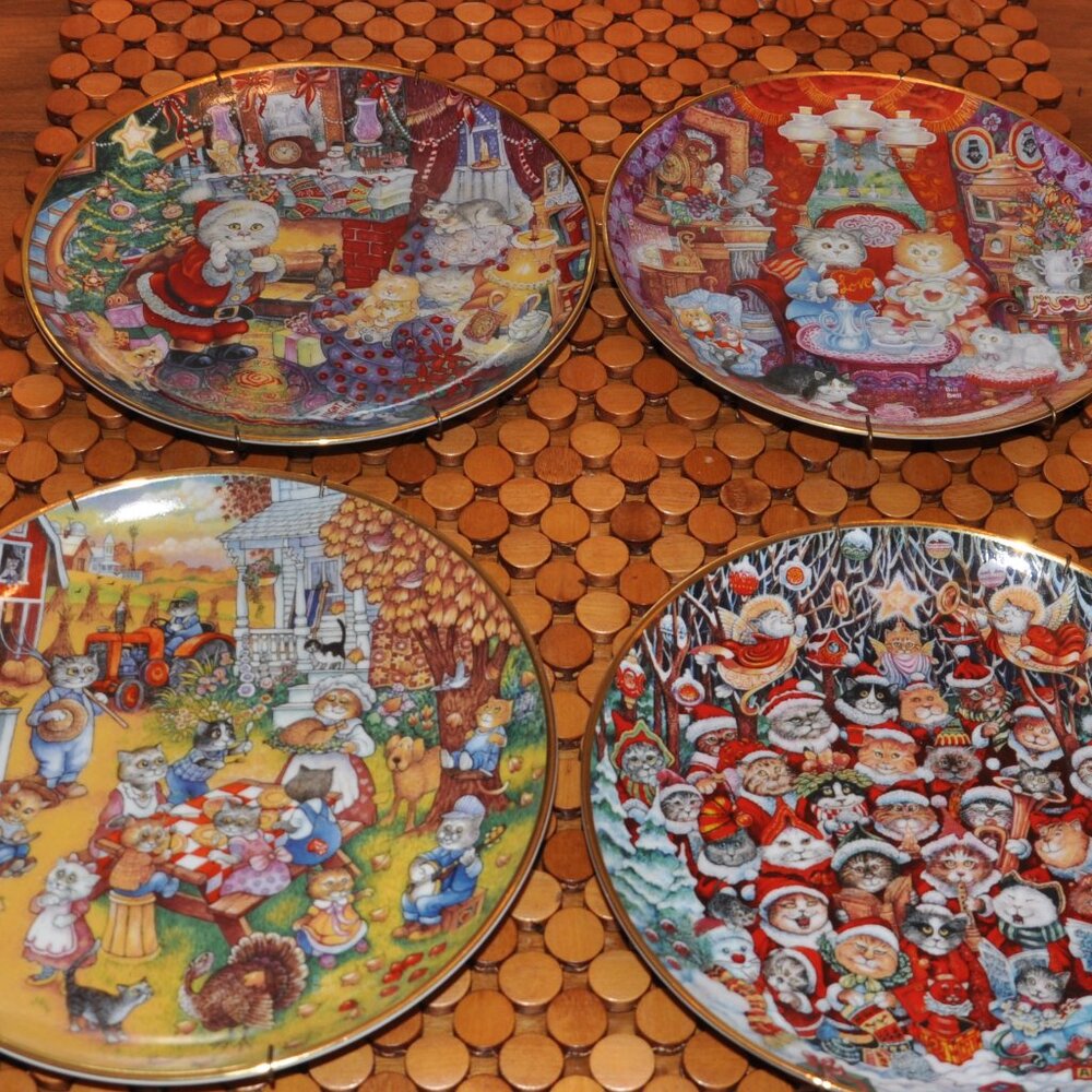 4 Franklin Mint Bill Bell Christmas Cat Plates Limited Edition Fine Porcelain